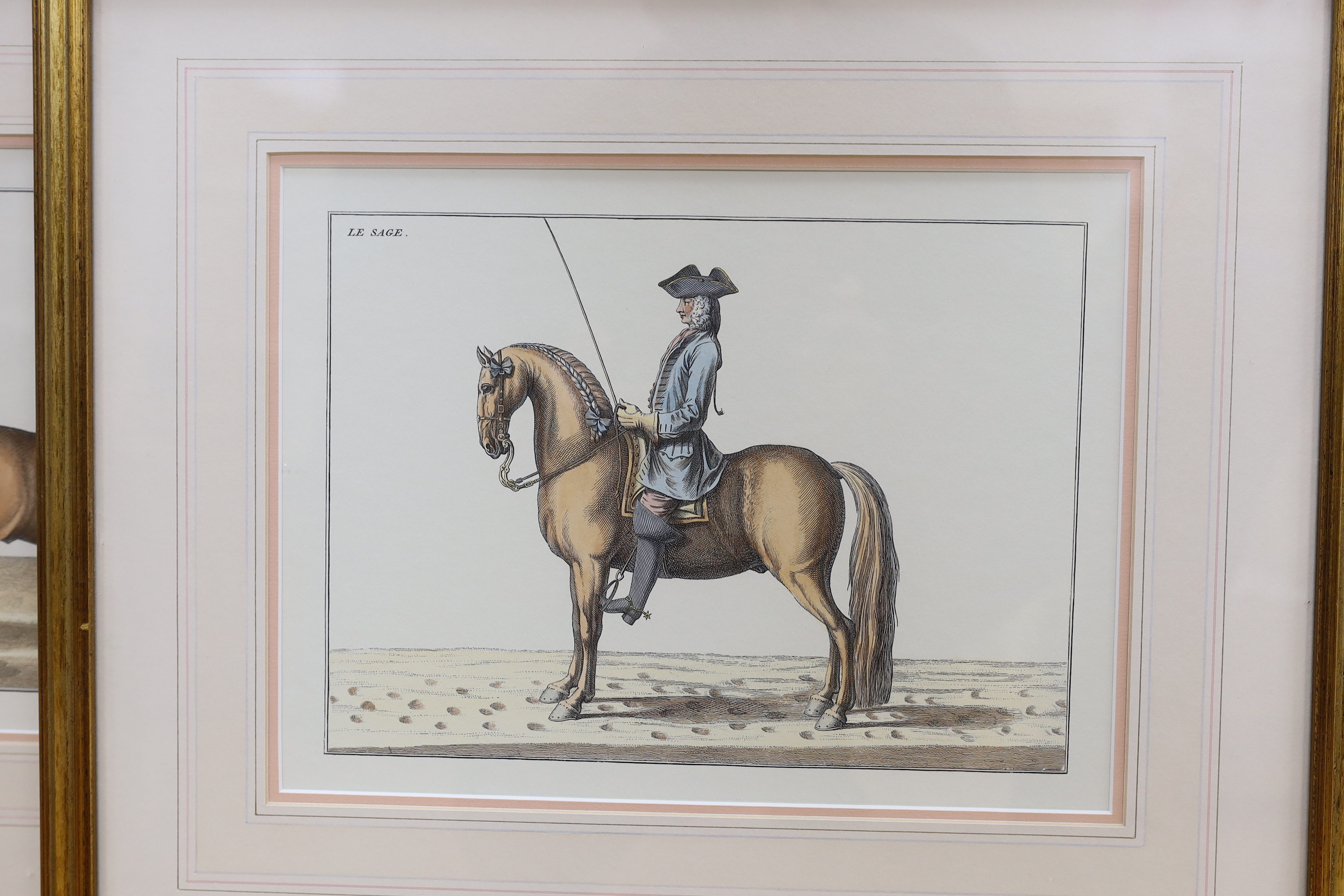 After Baron Eisenberg (German, 1695-1770), set of six coloured equestrian engravings, including Le Sage, Le Rubis and Le Modeste, each 25 x 32cm